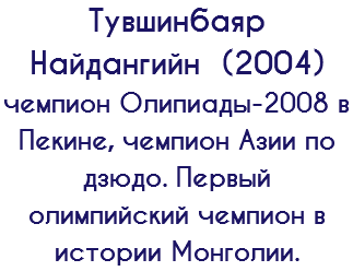 Тувшинбаяр Найдангийн (2004) чемпион Олипиады-2008 в Пекине, чемпион Азии по дзюдо. Первый олимпийский чемпион в истории Монголии.