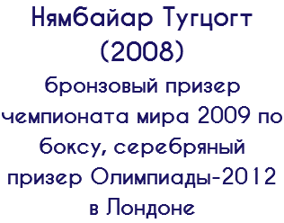 Нямбайар Тугцогт (2008) бронзовый призер чемпионата мира 2009 по боксу, серебряный призер Олимпиады-2012 в Лондоне 
