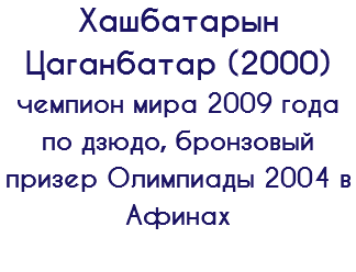 Хашбатарын Цаганбатар (2000) чемпион мира 2009 года по дзюдо, бронзовый призер Олимпиады 2004 в Афинах 